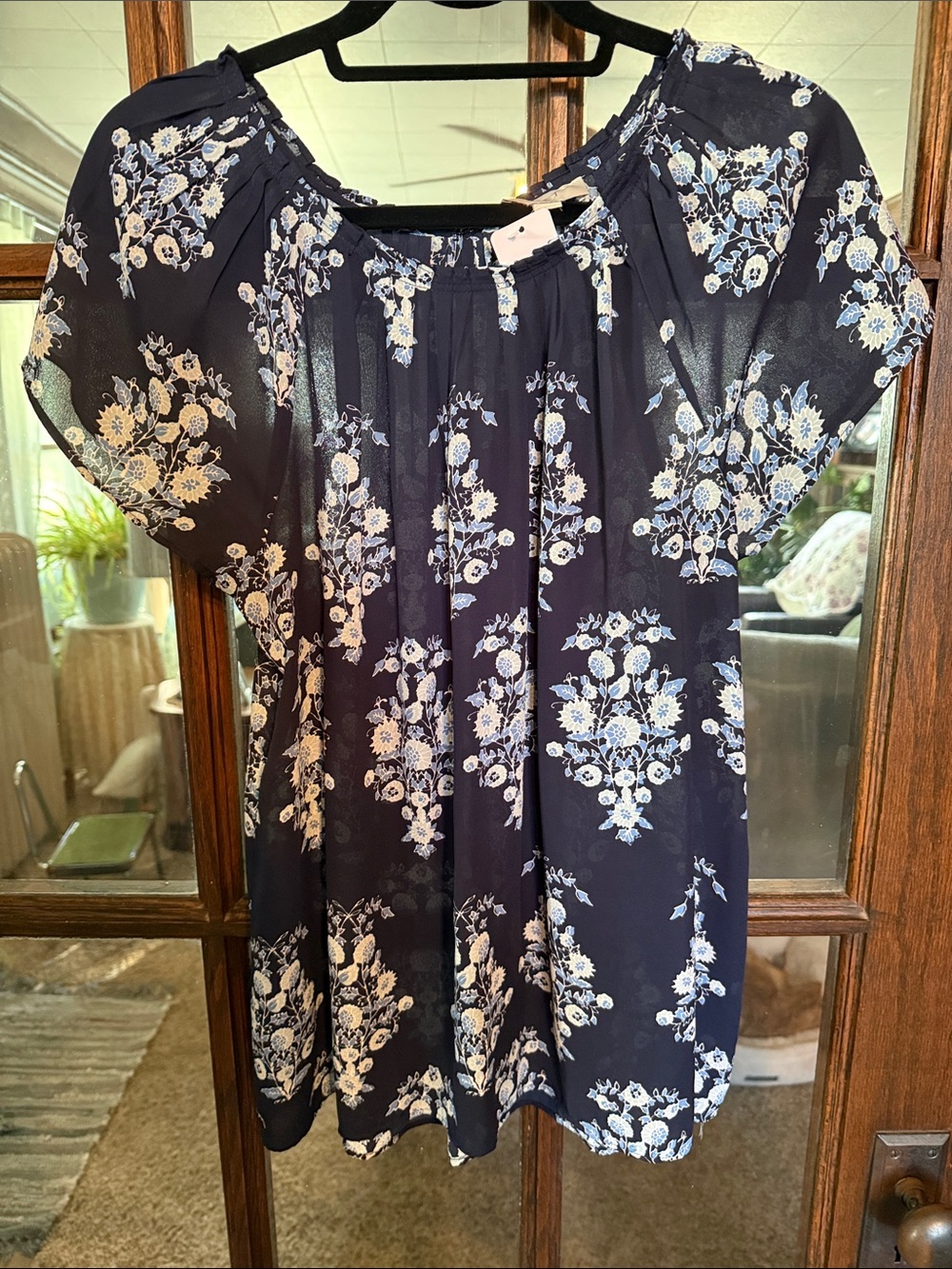 LOFT Navy Floral Short-Sleeve Peasant Blouse